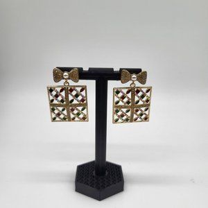 VTG Enamel Gold Tone Christmas Holiday Present Earrings Square Dangle